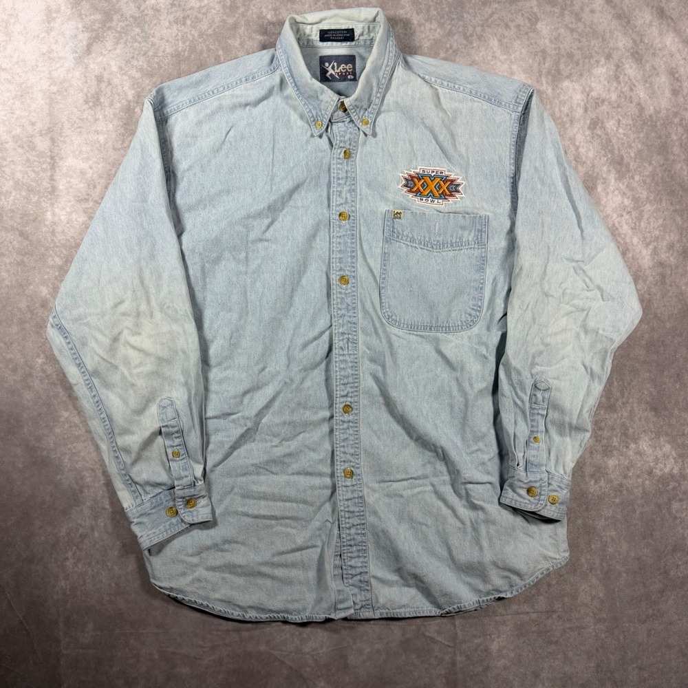 Vintage 90s Lee Sport Super Bowl XXX Denim Shirt Mens Large NFL 1996 Long Sleeve